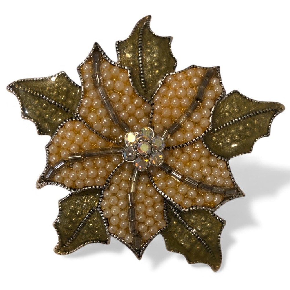 Liz Claiborne Poinsettia Enamel Faux Pearl Rhinestone Brooch Pin